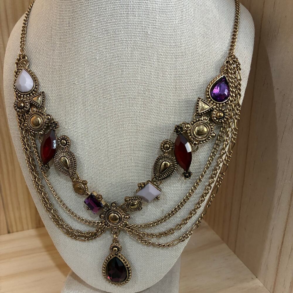Boho Gold Tone Draped Chain Necklace Purple Red Faceted Stones Repair Craft